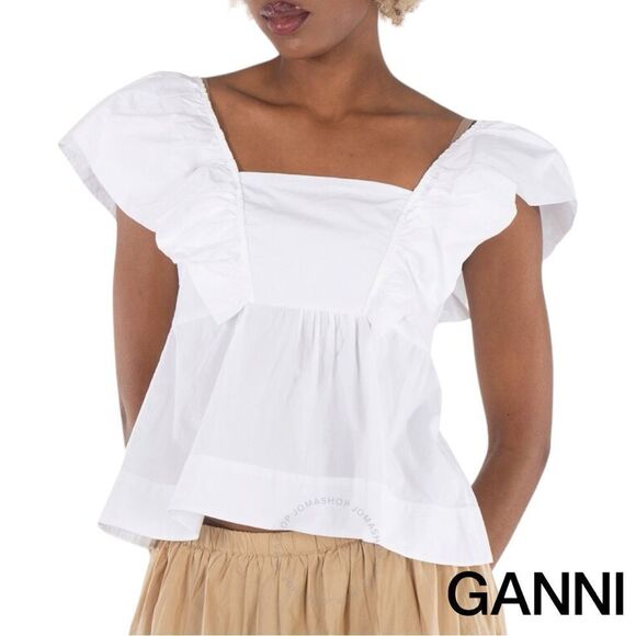 GANNI **NWT** Sleeveless Ruffle Cotton Poplin Blouse / Tank in Bright White - Picture 9 of 16
